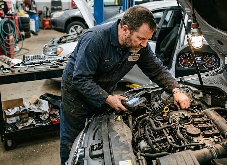 Mechanic inspecting ignition, fuel delivery, air intake, and engine mechanical condition components during P0302 diagnosis