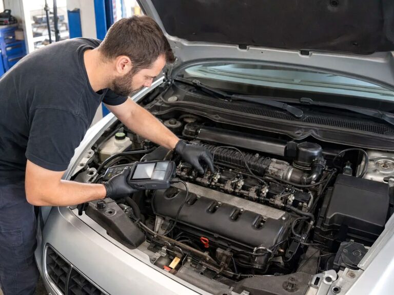 Mechanic inspecting engine misfire and ignition-fuel combustion components during P0303 diagnosis