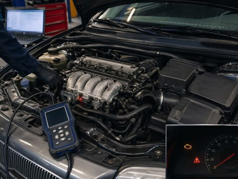 Mechanic inspecting engine misfire and combustion control components during P0304 diagnosis