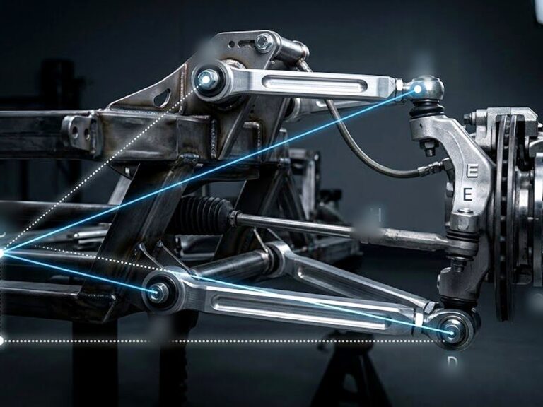 Mechanic inspecting suspension and chassis geometry components during repair guide