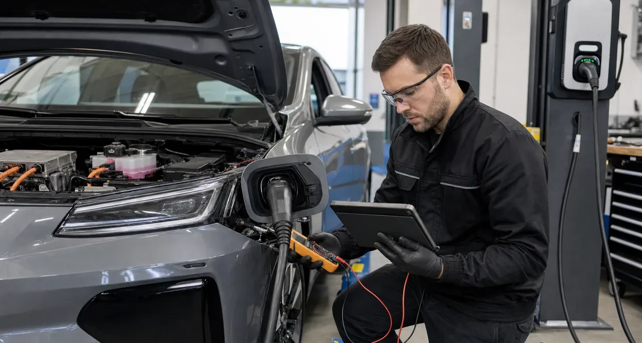 Technician checks before replacing charging-system parts illustration for 800V vs 400V Charging Architecture: What Changes in Real-World EV Charging