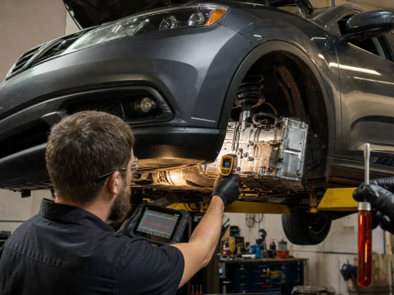 Technician checking vehicle automatic transmission slips when warm: fluid, torque converter, or solenoid? symptoms in the cooling system