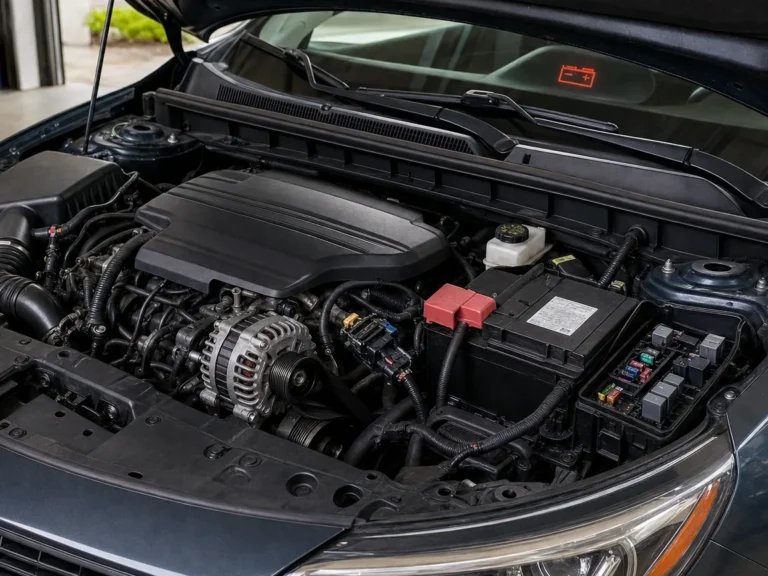Technician checking vehicle battery light on after replacing alternator: belt, wiring, fuse, or bad new part? symptoms in the electrical system