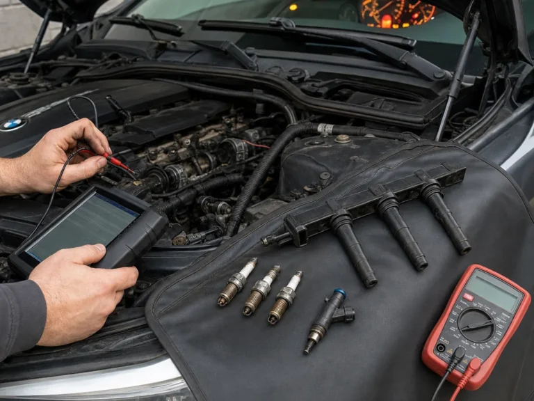 Technician checking vehicle bmw drivetrain malfunction and misfire under acceleration: coil, plug, or injector? symptoms in the misfire system