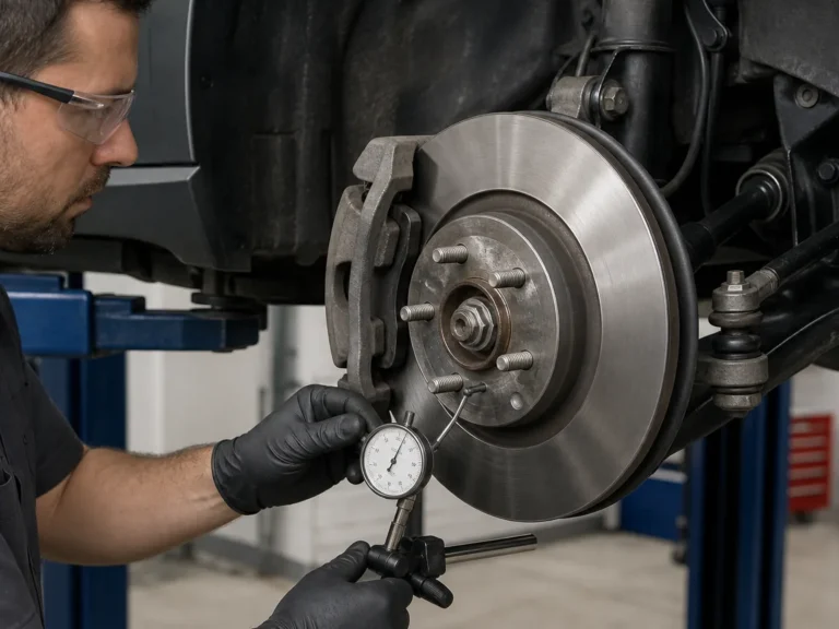 Technician measuring brake rotor runout after a brake vibration complaint