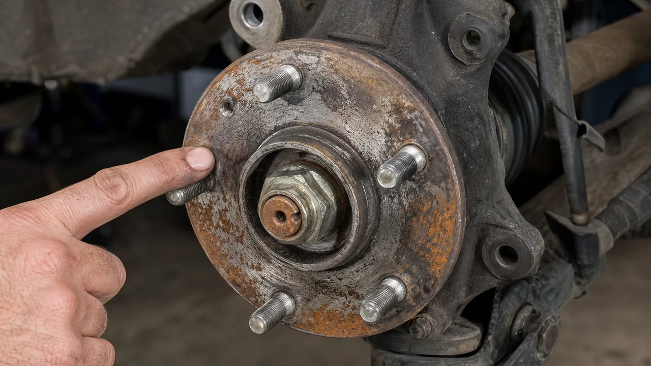 Rust and debris on a brake hub mounting surface that can cause rotor runout