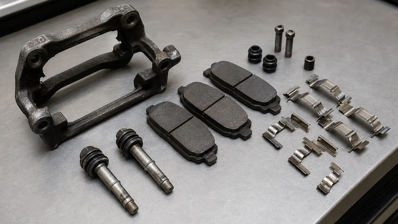 Brake caliper slide pins and hardware being inspected for sticking or uneven pad movement