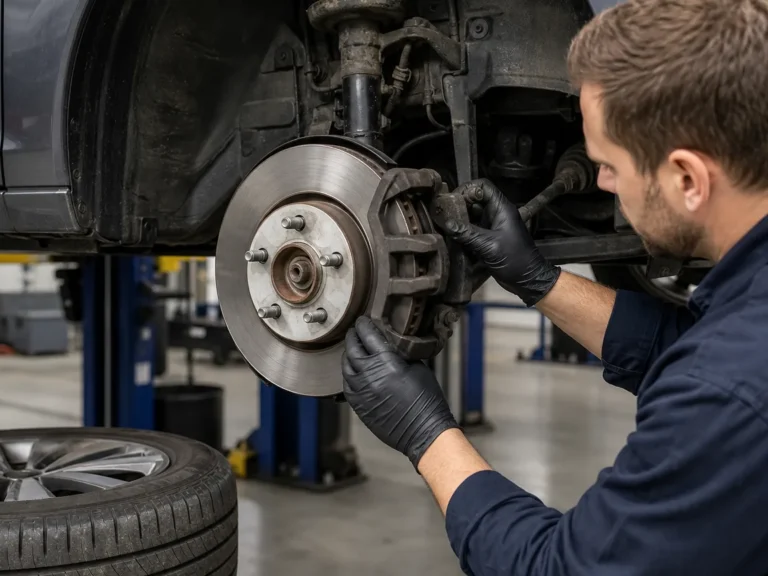 Technician inspecting brake rotor, hub, caliper, tire, and suspension for highway braking vibration