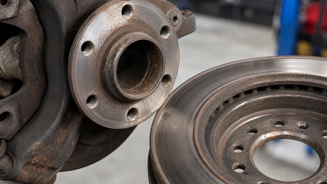 Car Shakes When Braking at Highway Speeds: Rotors, Hub Rust, or Wheel Bearing? 1 Close-up of brake rotor and hub mating surface with rust that can cause braking vibration