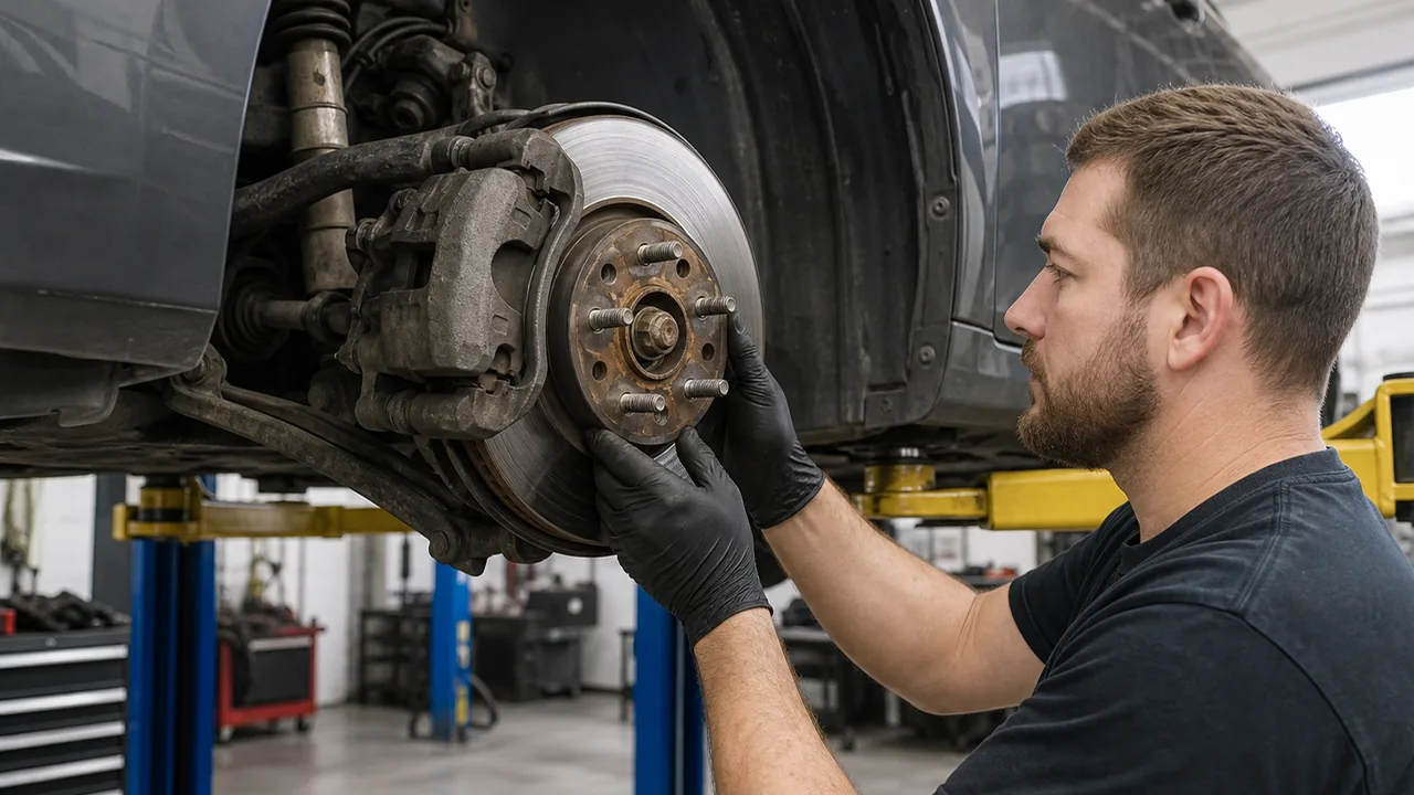 Car Shakes When Braking at Highway Speeds: Rotors, Hub Rust, or Wheel Bearing? 2 Technician checking wheel hub and bearing area during brake vibration diagnosis