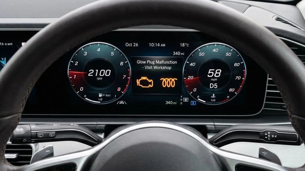 Check engine and glow plug warning lights illuminated on a Mercedes dashboard