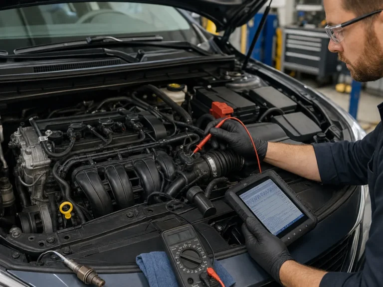 Mechanic inspecting misfire components during P0171 diagnosis