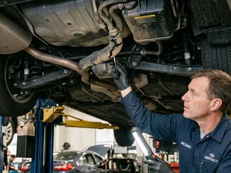 Mechanic inspecting evap components during P0455 diagnosis