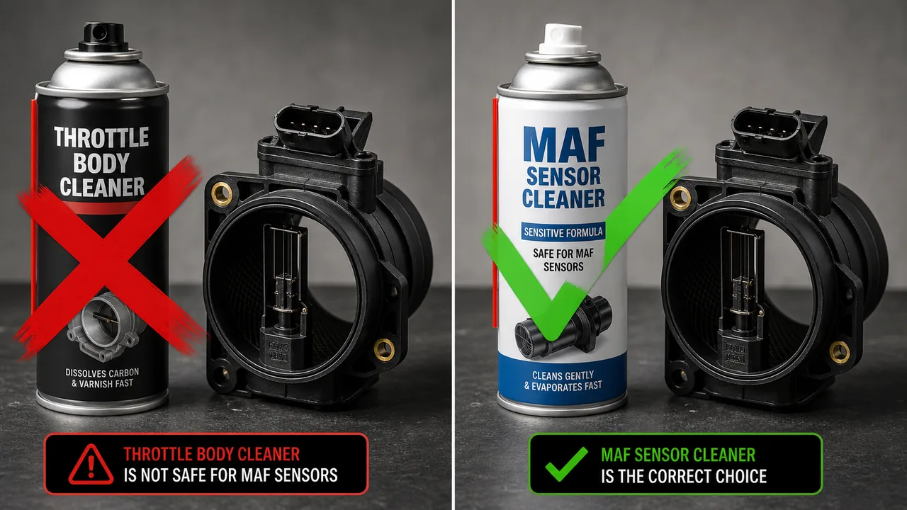 Rough Idle After Cleaning Throttle Body: Relearn, Vacuum Leak, or Dirty MAF? 2 Comparison showing that only specialized MAF cleaner should be used on mass air flow sensors, not throttle body cleaner.