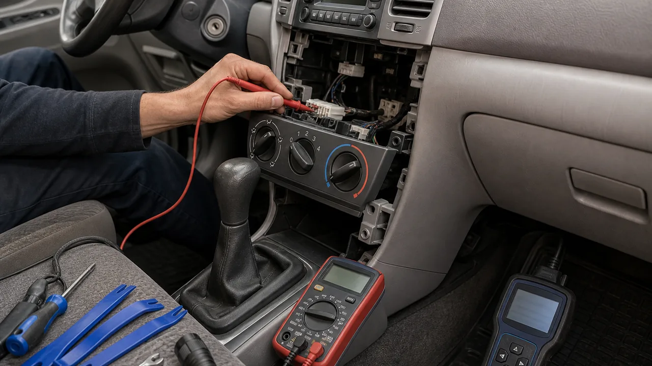 Technician checks before deeper disassembly illustration for 2004 Toyota Corolla Verso Heater Dial Trim Removal Guide