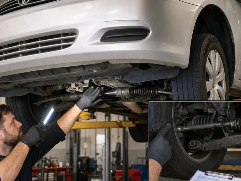 Mechanic inspecting braking components during repair guide