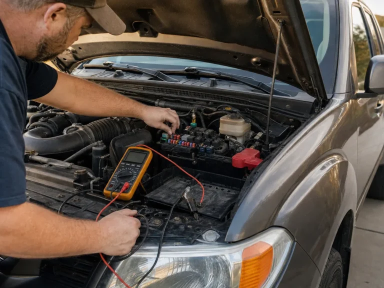 Mechanic inspecting electrical & battery components during repair guide