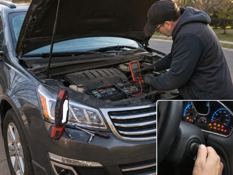 Technician checking vehicle 2014 chevy traverse will not crank: battery, starter, fuse, or ignition fault symptoms in the braking system