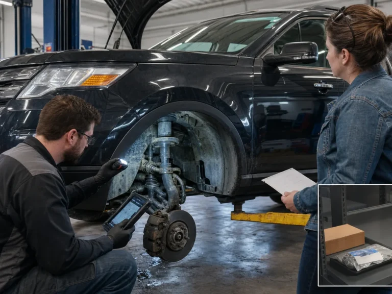 Mechanic inspecting emissions components during repair guide