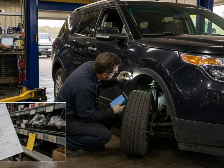 Mechanic inspecting braking components during repair guide