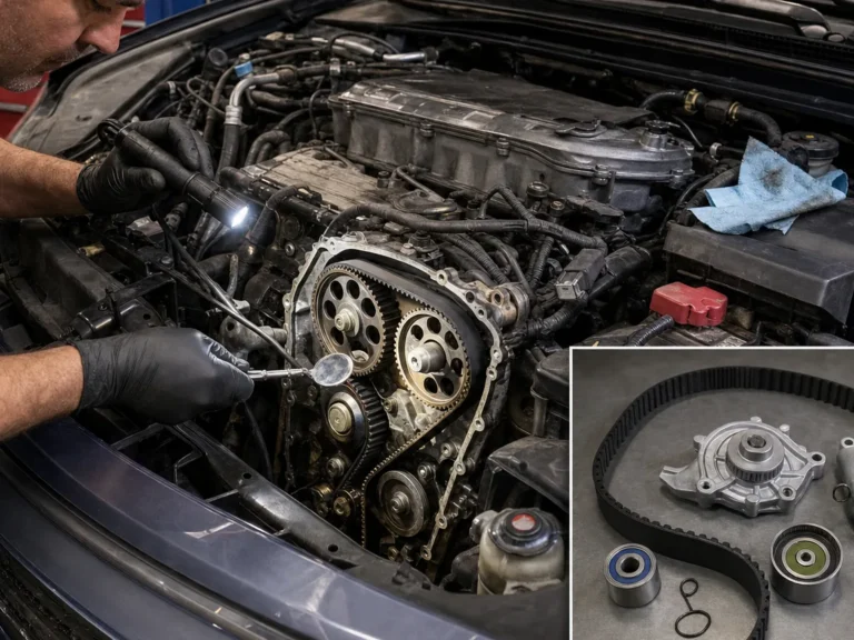 Mechanic inspecting engine components during repair guide