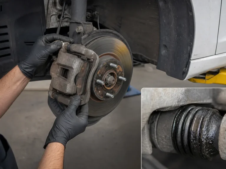 Mechanic inspecting brakes components during repair guide