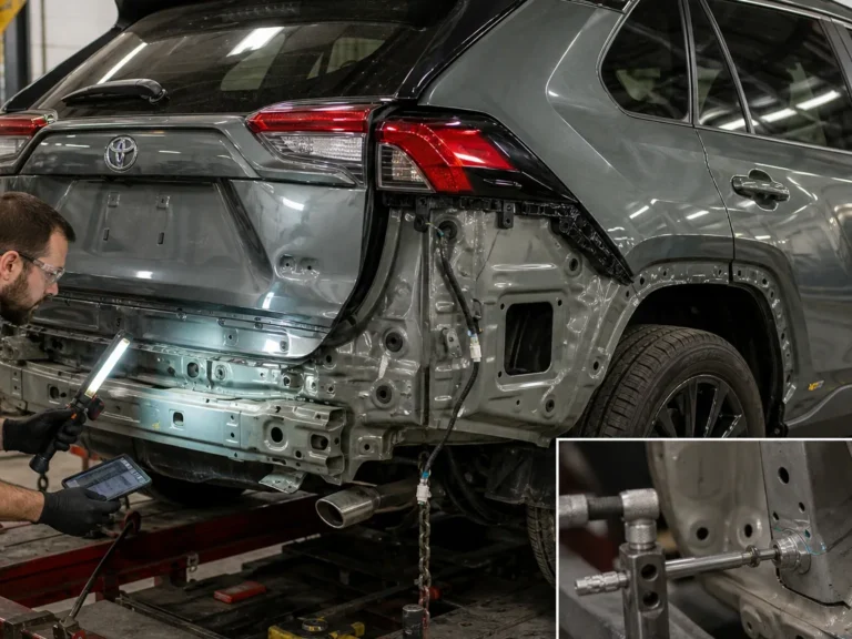 Mechanic inspecting braking components during repair guide