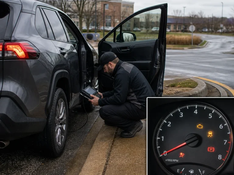 Mechanic inspecting emissions components during repair guide