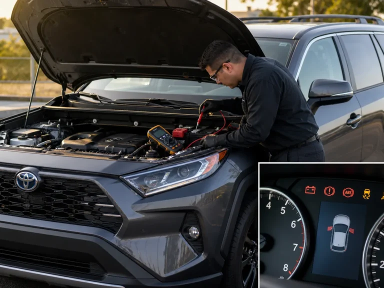 Technician checking vehicle 2025 toyota rav4 unexpected braking and shutdown: what to check first symptoms in the braking system