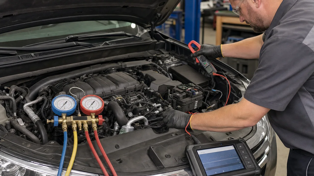 Inspection steps: Technician Diagnostic Flow illustration for AC Blows Warm at Idle but Cold While Driving: Fan, Refrigerant, or Compressor?
