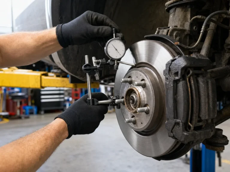 Technician checking brake rotor runout with a dial indicator on a vehicle hub