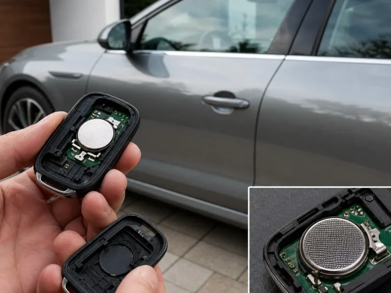 Mechanic inspecting smart key, passive entry, remote keyless entry, immobilizer recognition, and vehicle 12-volt power support. components during repair guide