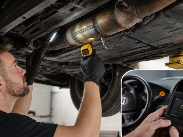 Mechanic inspecting misfire components during P0420 diagnosis
