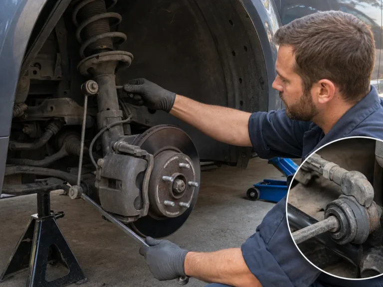 Technician checking vehicle clunking noise over bumps: sway bar links, struts, or control arm bushings? symptoms in the braking system