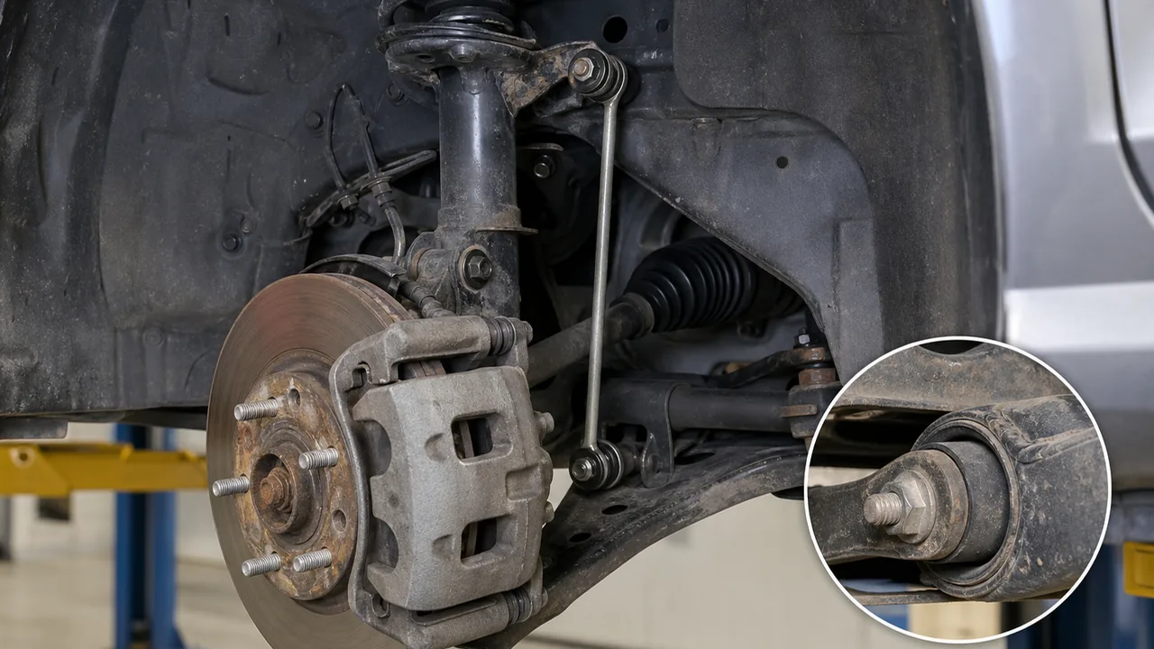 Clunking Noise Over Bumps: Sway Bar Links, Struts, or Control Arm Bushings? 2 Quick Comparison: How Sway Bar Links, Struts, and Control Arm Bushings Usually Sound. illustration for Clunking Noise Over Bumps: Sway Bar Links, Struts, or Control Arm Bushings?