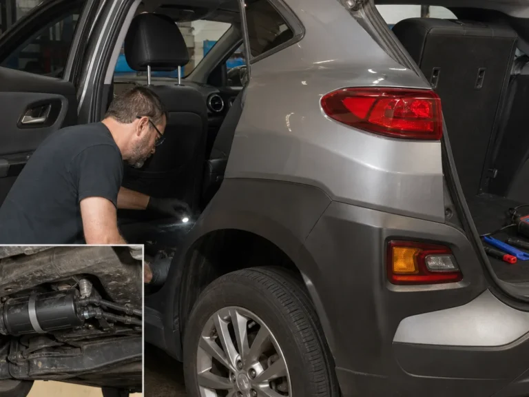 Mechanic inspecting fuel & air intake components during repair guide