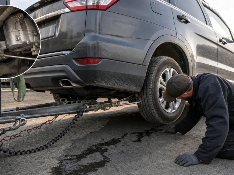 Mechanic inspecting transmission & drivetrain components during repair guide
