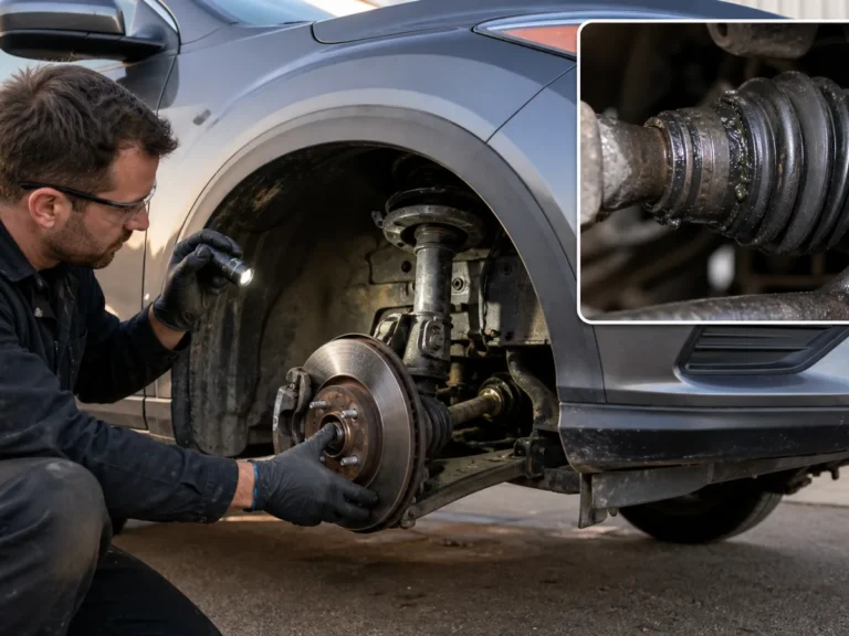 Technician checking vehicle grinding noise when turning at low speed: cv joint, wheel bearing, or brake shield? symptoms in the braking system