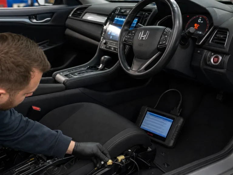 Technician checking vehicle honda civic passenger airbag warning light and srs error causes symptoms in the braking system