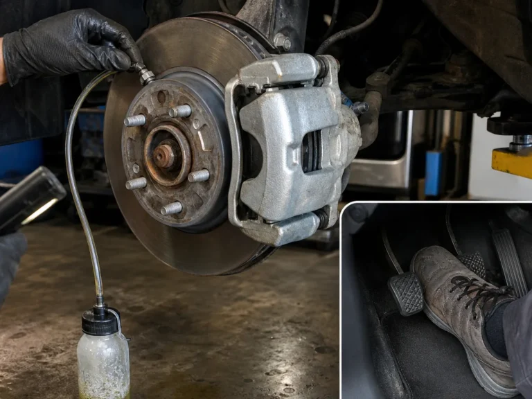 Mechanic inspecting brakes components during repair guide
