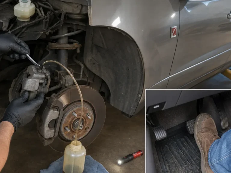 Mechanic inspecting brakes components during repair guide