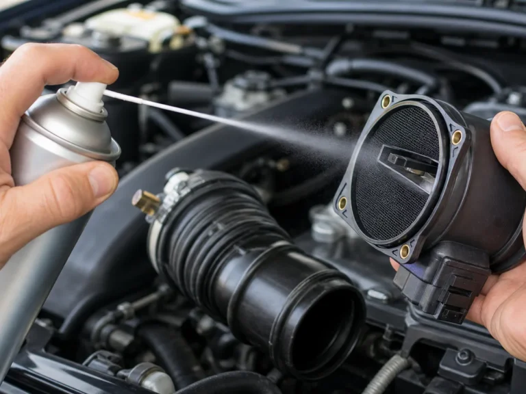 Mass air flow sensor being cleaned with sensor-safe spray near an intake tube