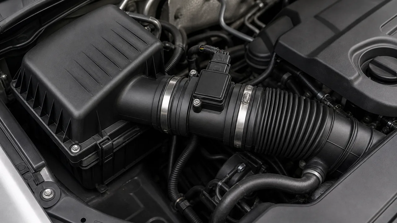 Mass air flow sensor located near the air filter box and intake tube