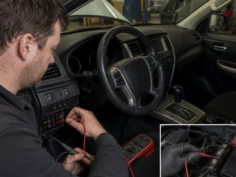 Mechanic inspecting electrical & battery components during repair guide