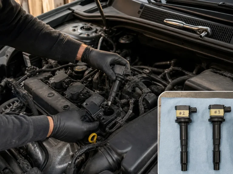 Mechanic inspecting engine components during repair guide