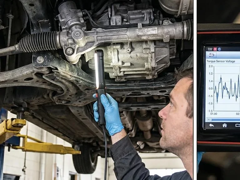 Technician checking vehicle how to diagnose a steering wheel that sticks and jerks in a 2016 honda civic symptoms in the braking system