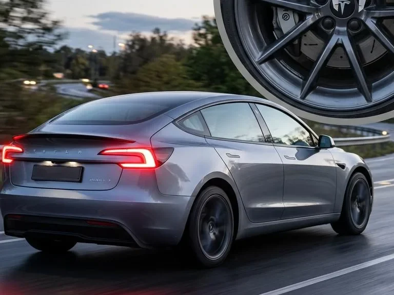Tesla Model 3 Highland slowing near a stop while checking for a final low-speed jerk