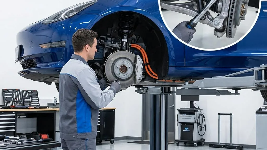 How to Diagnose a Tesla 3 Highland Jerk Right Before Coming to a Stop 3 Technician inspecting EV brake wheel and suspension components