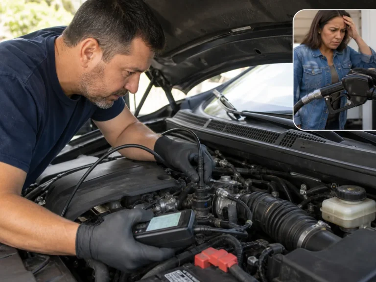 Mechanic inspecting exhaust & emissions components during repair guide