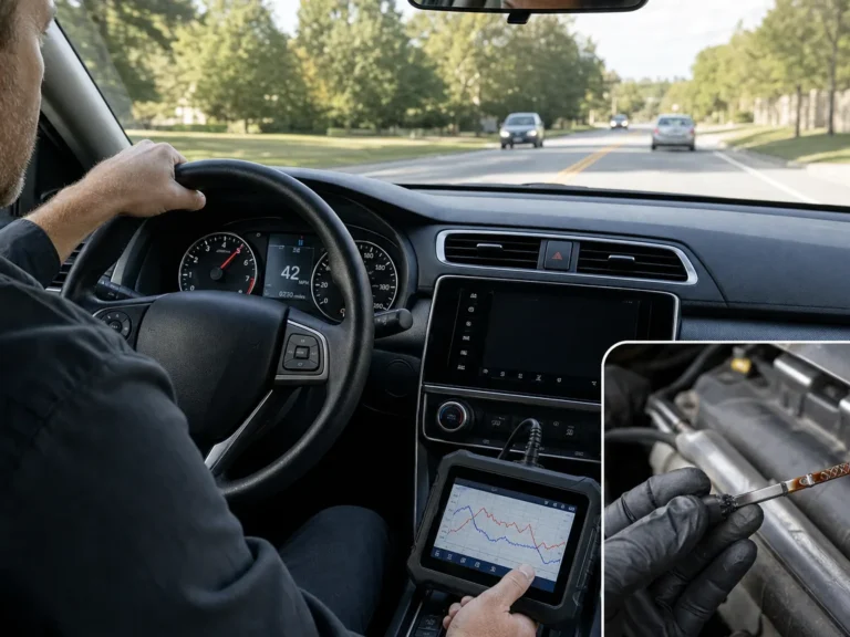 Technician checking vehicle how to diagnose transmission slipping during acceleration through the gears symptoms in the misfire system
